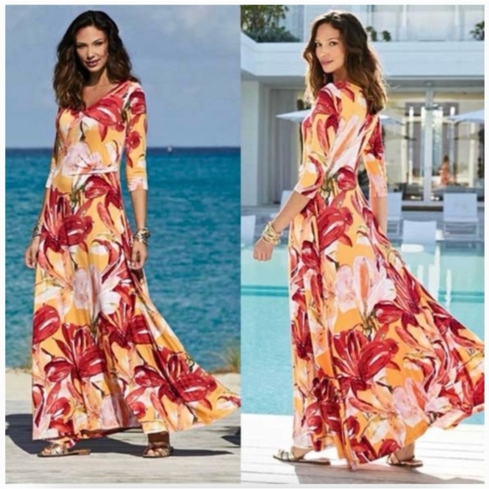 Soft Surroundings Sz M Elia Maxi Dress Apricot Floral Print Vacation Resort